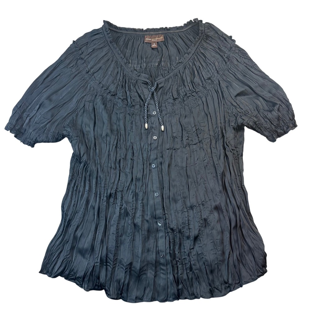 Dana Buchman Navy Crinkle Button-Front Blouse